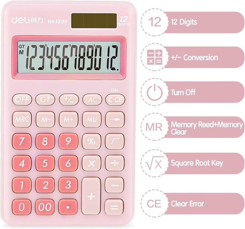 Deli Standard Function Basic Calculator, 12 Digit Desktop Calculator with Large LCD Display, Solar Battery Dual Power Office Calculators, Pink - Image 4